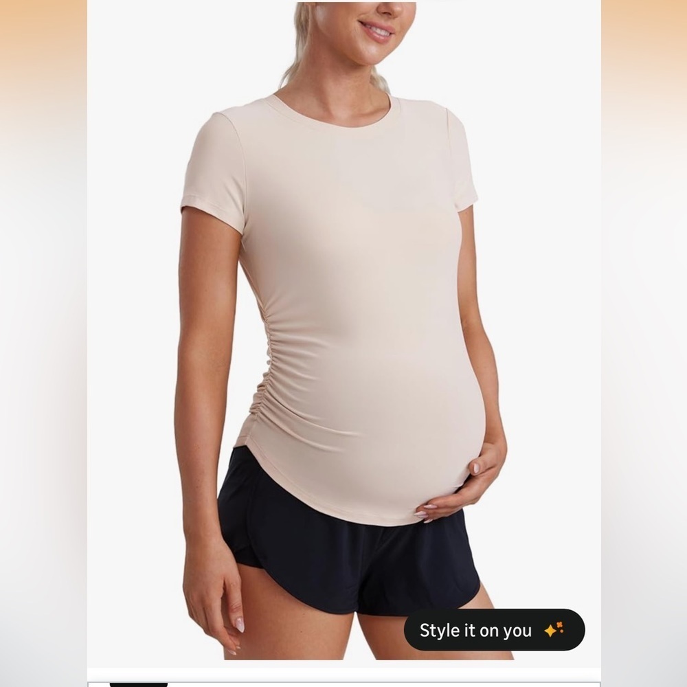 NWOT CRZ YOGA Women's Maternity Short Sleeve Side Ruched Cream Tee XL